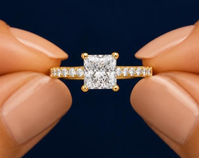 1.5 CT Princess Cut Lab Grown Diamond Solitaire Engagement Ring, Pavé Band
