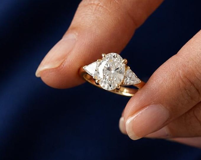 1.30 CT Oval Lab Grown Diamond Engagement Ring, Trillion Side , 3 Stone Solitaire, Yellow Gold Promise , Anniversary Gift