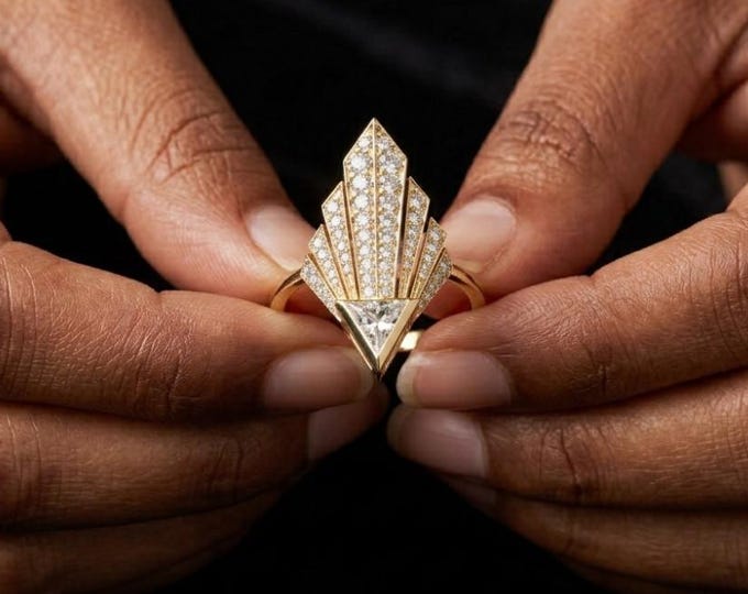 0.58 CT Art Deco Trillion Cut Lab Diamond Ring, Geometric Fan Engagement Ring, Solid Gold Statement Jewelry