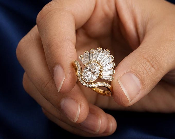 Art Deco Sunburst Oval Diamond Engagement Ring Vintage Ballerina Halo Gold Statement Jewelry