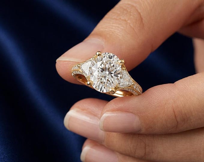 1.7 CT Oval Lab Grown Diamond Three Stone Engagement Ring, Trillion Side Stones, Pave Split Shank, Solitaire Promise Ring