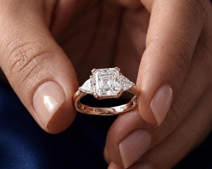 1.5 CT Asscher Cut Three Stone Lab Grown Diamond Engagement Ring Rose Gold Solitaire