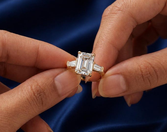 3.04 CT Emerald Cut Lab Grown Diamond Three Stone Engagement Ring, Baguette Side Stones