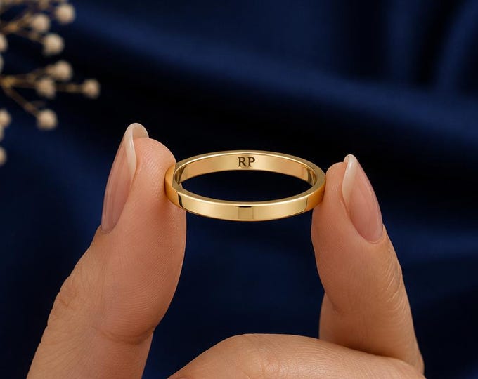 2mm Solid Gold Flat Wedding Band, Minimalist Yellow Gold Ring, Unisex Comfort Fit