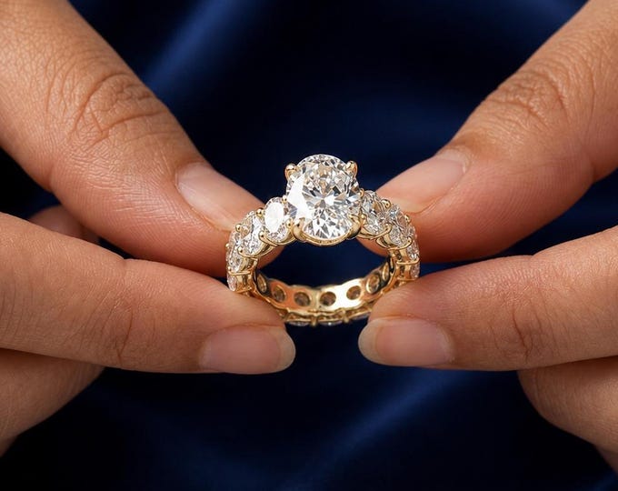 6.53 CTW Oval Lab Grown Diamond Engagement Ring, Shared Prong Eternity Band