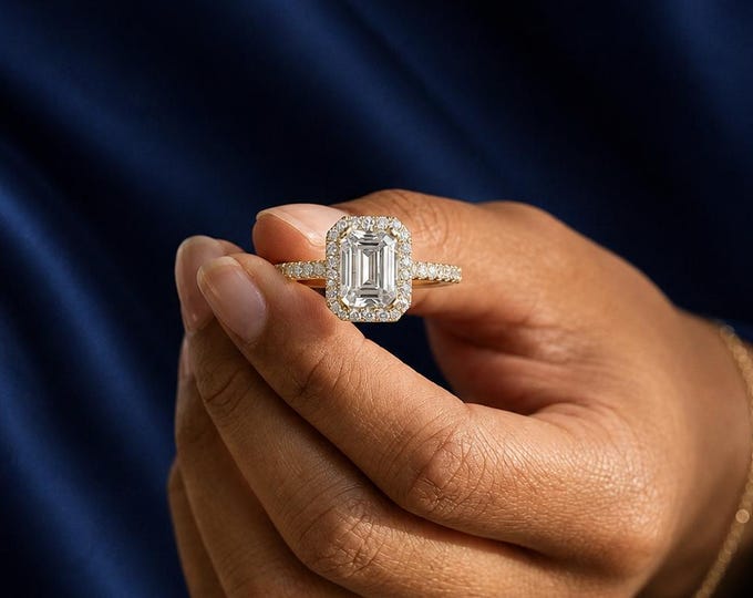 1.07 CT Emerald Cut Halo Lab Diamond Engagement Ring, Pave Band Solitaire Ring, Hidden Halo Promise Ring, Bridal Jewelry