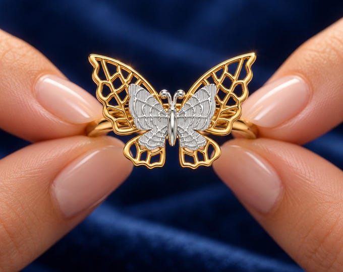 Butterfly Ring Two Tone Gold Silver Butterfly Ring Nature Inspired Statement Ring Delicate Butterfly Jewelry Gift for Her