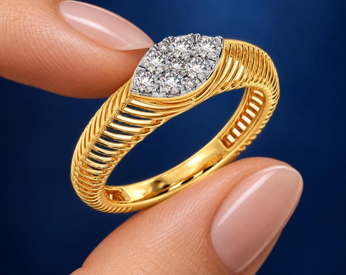 1.00 CTW Lab Grown Diamond Cluster Ring, Round Cut Statement Ring, Ribbed Band Engagement , White,Yellow & Rose Gold