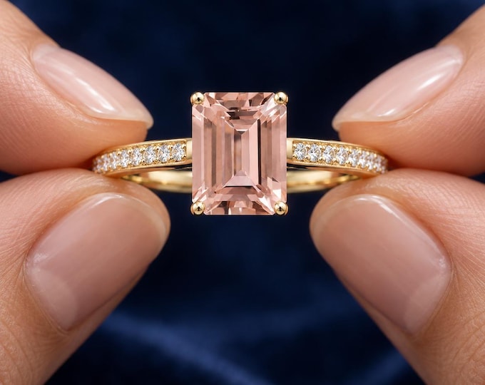 2.50 Ct Lab Grown Diamond Emerald Cut Pink Morganite Engagement Ring Pave Diamond Ring