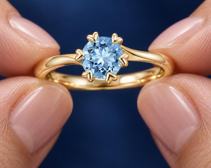 1 CT Round Blue Lab Grown Diamond Engagement Ring, Heart Prong Solitaire