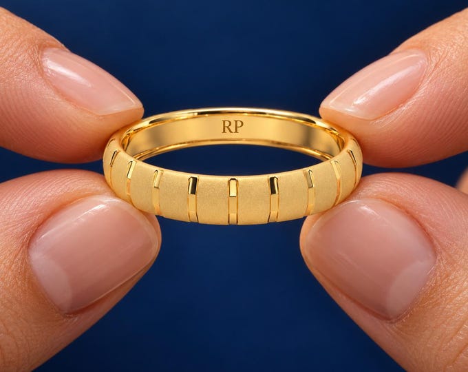 Premium Geometric Gold Band Ring | Textured Wide Wedding Band | Modern Statement Ring | Minimalist Unisex Jewelry