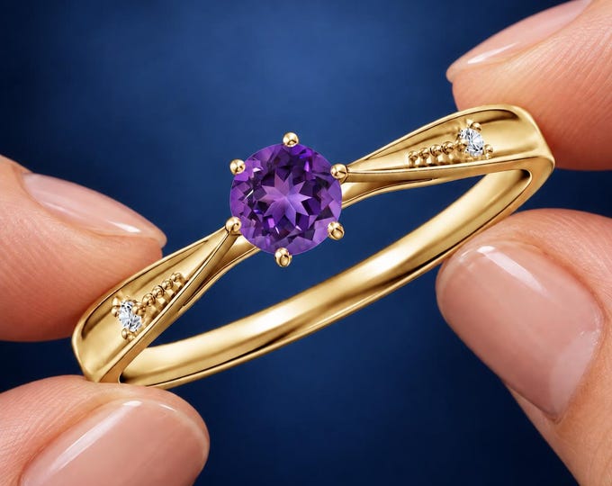 1.20 Carat Amethyst Ring with Lab Grown Diamond Accents, Solid Gold Purple Gemstone Ring, Unique Gift