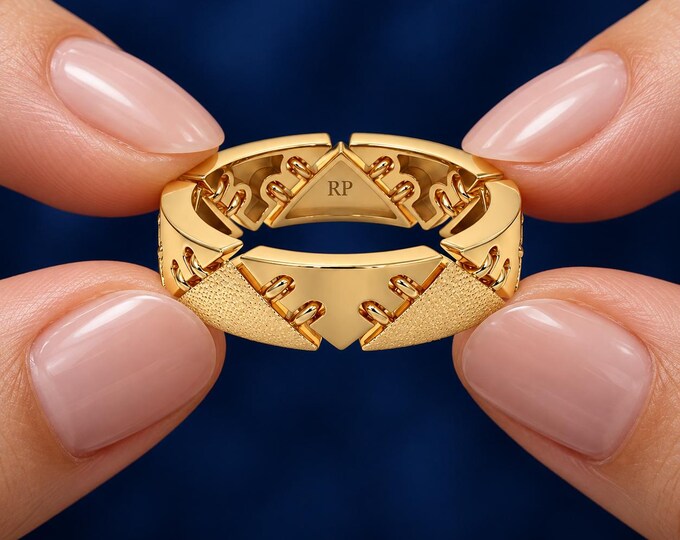 Solid Gold Geometric Ring with Textured Band, Unique Triangle Design Statement Ring, Modern Minimalist Gold Jewelry