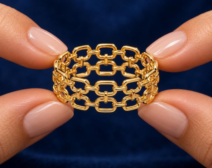 Chunky Chain Link Ring, Geometric Statement Ring, Bold Gold Band, Modern Open Link Ring, Minimalist Fashion Jewelry