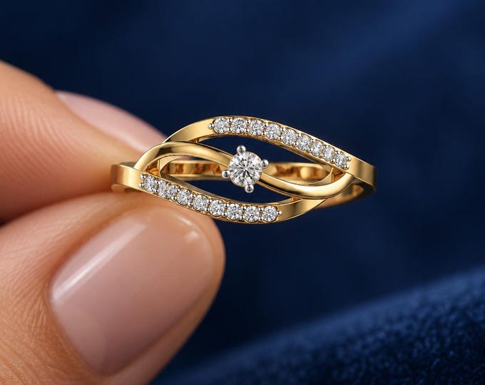 Lab Grown Diamond Bypass Ring, Eye Shaped Pavé Band, Round Cut Statement Ring, Gold Cocktail Ring, Elegant Gift for Her