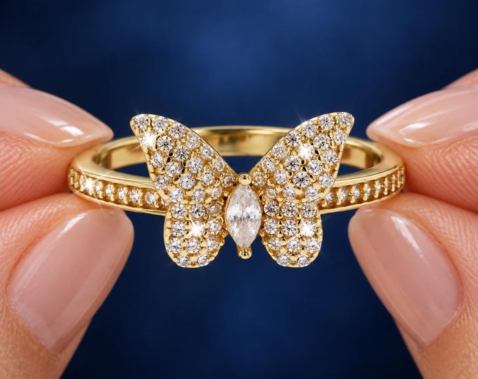 1.00 CTW Lab Grown Diamond Butterfly Ring, Marquise & Pavé Diamond Ring, 14K Gold Nature Inspired Ring, Dainty Butterfly Engagement Ring