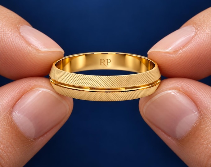 Textured Gold Wedding Band Ring with Grooved Center Line, Classic Solid Gold Ring, Luxury Minimalist Band, Unisex Wedding Ring