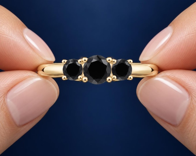 2 Ct Black Lab Grown Diamond Trilogy Ring Three Stone Round Cut Gold Band