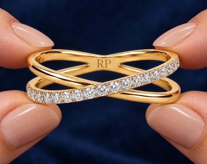 Diamond Infinity Band Ring, Crossover Eternity Ring, Curved Statement Wedding Band, Anniversary Gift