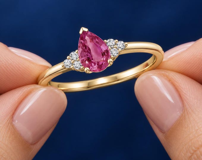 2 CT Pink Pear Cut Gemstone Ring Lab Grown Diamond Halo Solid Gold Engagement Ring