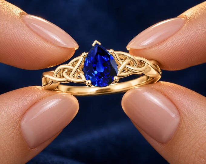 2 Ct Blue Sapphire Celtic Knot Ring, Lab Grown Diamond Accent, Solid Gold Claddagh Inspired Ring