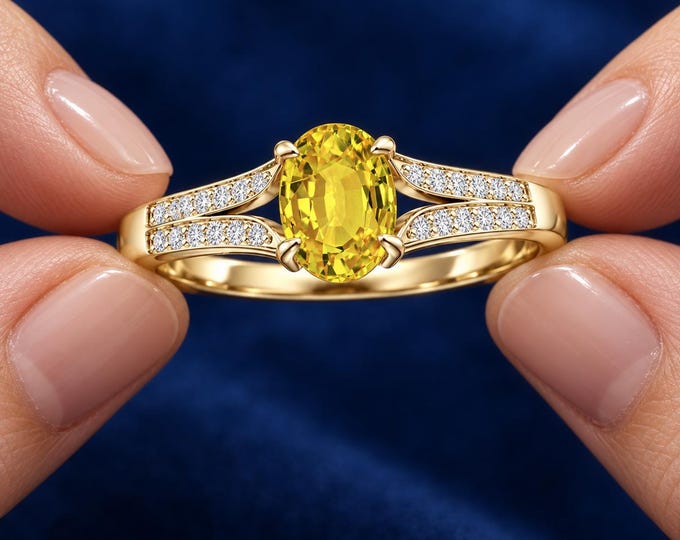 2.50 CT Lab Grown Diamond Yellow Citrine Ring, Oval Gemstone Split Shank Gold Ring, Unique Gift