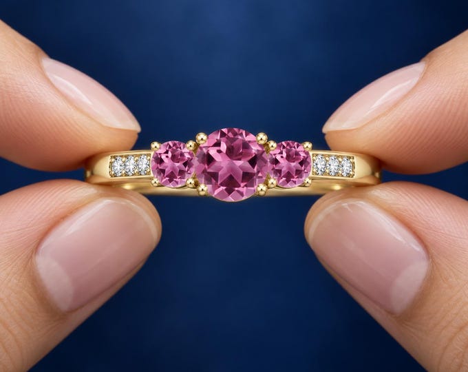 2.50 Ct Lab Grown Pink Diamond Ring, 1 Ct Center Three Stone Ring, Solid Gold Gemstone Ring