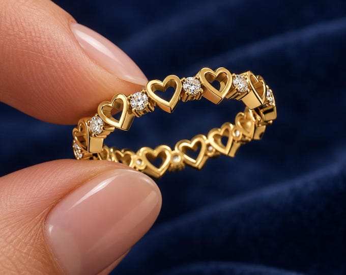 14K Solid Gold Heart Band Ring, 0.50 CT Lab Grown Diamond Romantic Eternity Ring, Wedding Anniversary Jewelry