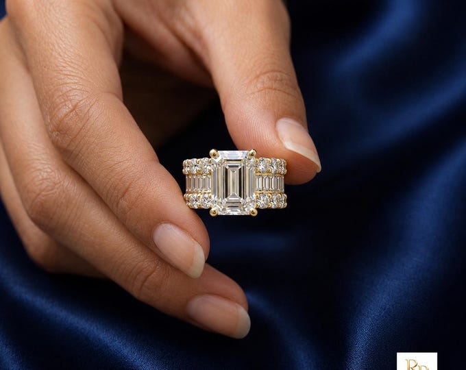 4.47 CT Emerald Cut Lab Grown Diamond Triple Row Baguette Solid Gold Engagement Ring
