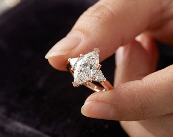 1.30 CT Marquise Cut Lab Grown Diamond Engagement Ring, Three Stone Gold Solitaire, Trillion Side Stone