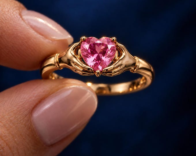 Pink Heart Gemstone Claddagh Ring, Irish Love Ring, Celtic Heart Ring, Promise Ring, Romantic Gift for Her