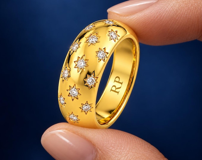 Diamond Starburst Dome Band Ring, Wide Statement Ring, Floral Diamond Wedding Band, Luxury Gold Ring, Anniversary Gift