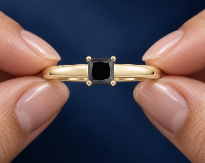 1 Ct Lab Grown Black Diamond Solitaire Ring, Princess Cut Black Diamond Engagement Ring, Solid Gold Ring