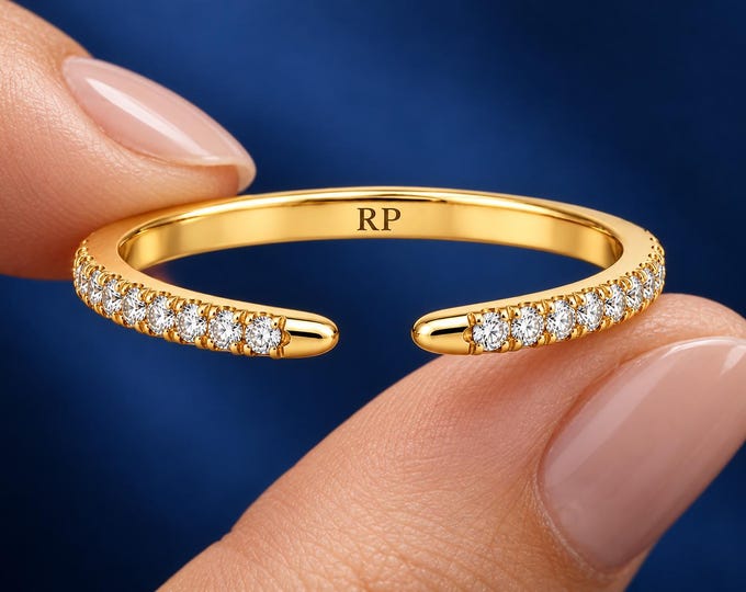Adjustable Diamond Cuff Ring, Round Cut Pavé Band, Open Wrap Ring, Elegant Gold Jewelry, Statement Gift