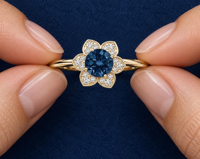 1 Ct Blue Center Flower Ring Lab Grown Diamond Halo Solid Gold Floral Ring