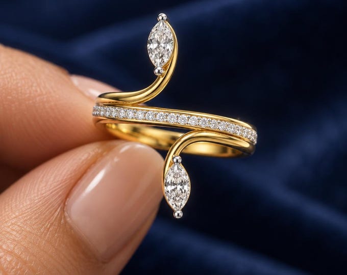 Marquise Cut Lab Grown Diamond Ring, Double Drop Bypass Ring, 14K Gold Statement Ring, Unique Jewelry
