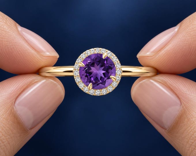 2 Ct Lab Grown Diamond Amethyst Halo Ring 1.5 Ct Center Gemstone Solid Gold Ring