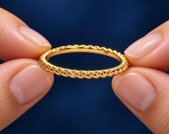 Solid Gold Twisted Rope Band Ring, Minimalist Textured Wedding Band, Elegant Gold Stackable Ring, Classic Everyday Jewelry