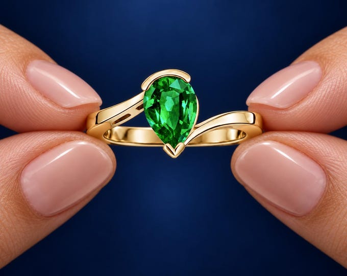 2 CT Lab Grown Green Diamond Pear Cut Ring Split Shank Ring Solid Gold Statement Jewelry