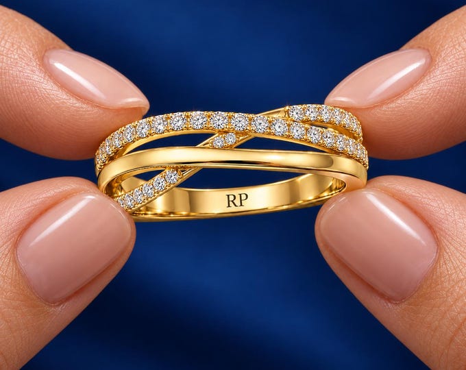 14K Gold Lab Grown Diamond Interlocking Band Ring, Criss-Cross Eternity Wedding Ring