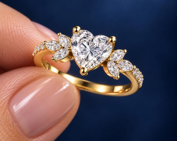 1.50 CT Heart Cut Lab Grown Diamond Ring Floral Leaf Engagement Ring Romantic Bridal