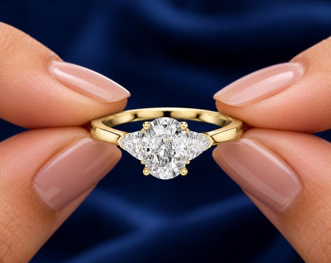 1.30CT Oval Lab Grown Diamond Three Stone Engagement Ring with Trillion Side Stones
