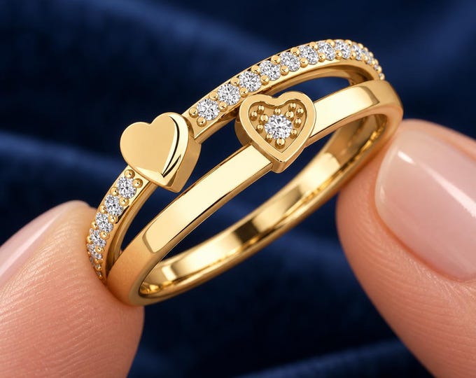 Heart Ring, Two Tone Heart Band, Pavé Ring, Romantic Gift, Gold Ring, Anniversary Jewelry, Love Ring