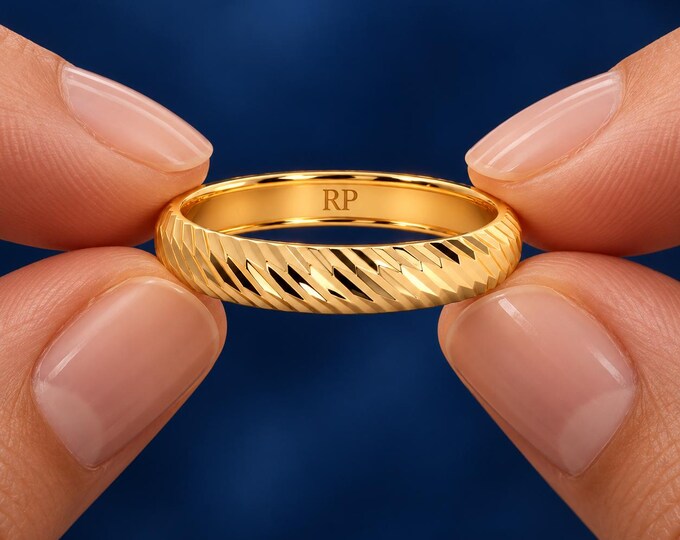 Diamond Cut Wedding Band Ring, Engraved Gold Ring, Minimalist Unisex Wedding Band, Yellow Rose White Gold Ring, Personalized Ring Gift