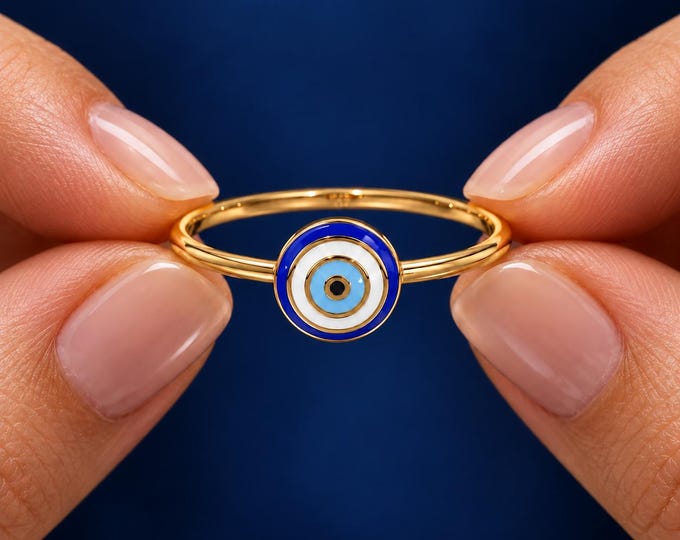 Evil Eye Ring, Solid Gold Enamel Protection Ring, Blue & White Nazar Ring, Dainty Minimalist Ring, Good Luck Jewelry, Gift for Her