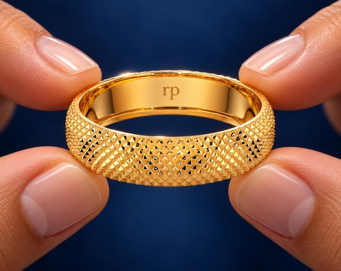 Textured Gold Band Ring with Geometric Pattern, Solid Gold Wedding Band, Luxury Unisex Ring, Modern Gold Ring Gift