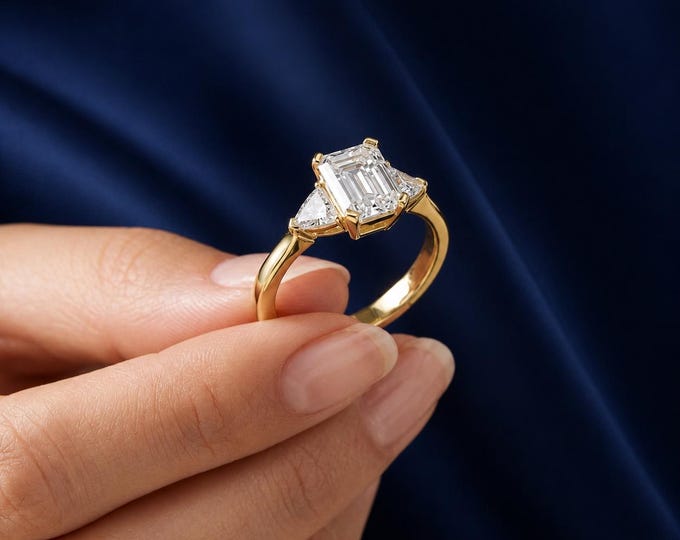 1.30 CT Emerald Cut Lab Grown Diamond Engagement Ring, Three Stone Trillion Side , Gold Solitaire Bridal Ring