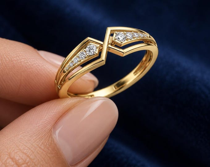 0.50 CT Lab Grown Diamond Chevron Ring, V Shape Split Shank Band, Modern Engagement Ring, Solid Gold Fine Jewelry