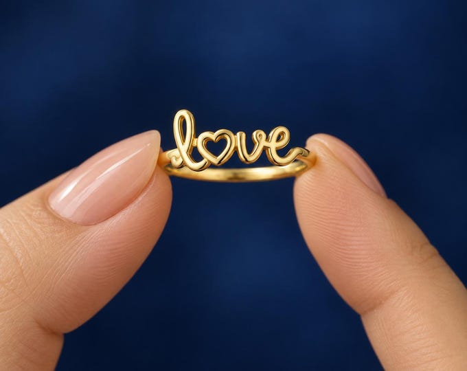 14K Gold Love Ring, Script Heart Ring, Romantic Statement Ring, Personalized Love Jewelry, Gift for Wife, Girlfriend, Anniversary