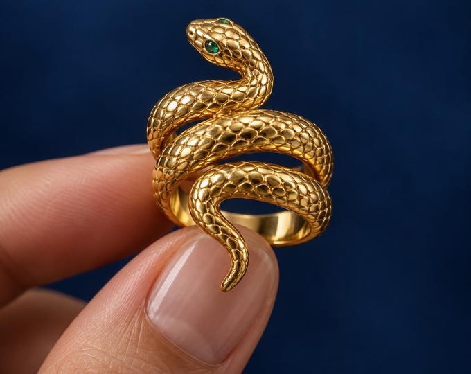 14K Solid Gold Serpent Ring, Coiled Snake Jewelry, Green Eye Gemstone, Gothic Statement Ring